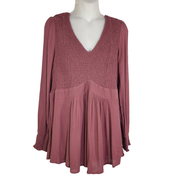 torrid Tops - Torrid Womens Babydoll Crinkle Gauze Smocked Top Plus Size 1X Pink Long Sleeve